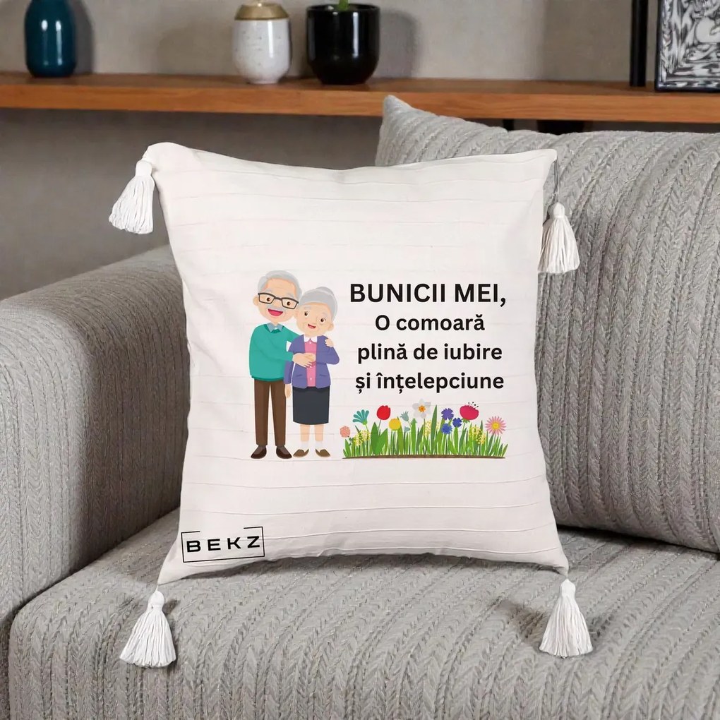 Perna personalizata bunici: Bunicii mei, o comoara, cu flori colorate, 45x45 cm cu Umplutura, Bej cu Franjuri, BEKZ