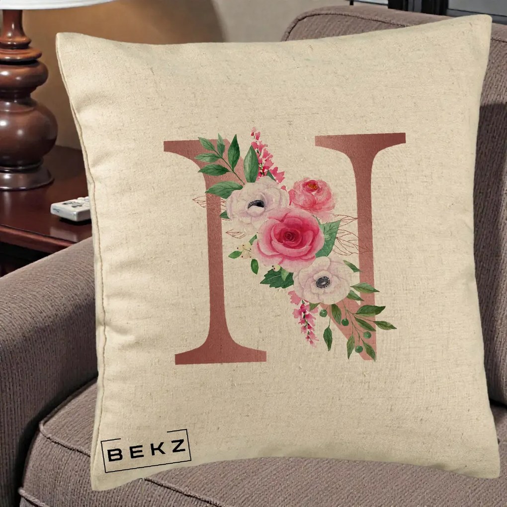 Cadou Personalizat - Perna Personalizata Monograma Rose Gold Litera N, 40x40 cm, Bej, Husa Detasabila, Perna Inclusa, BEKZ®