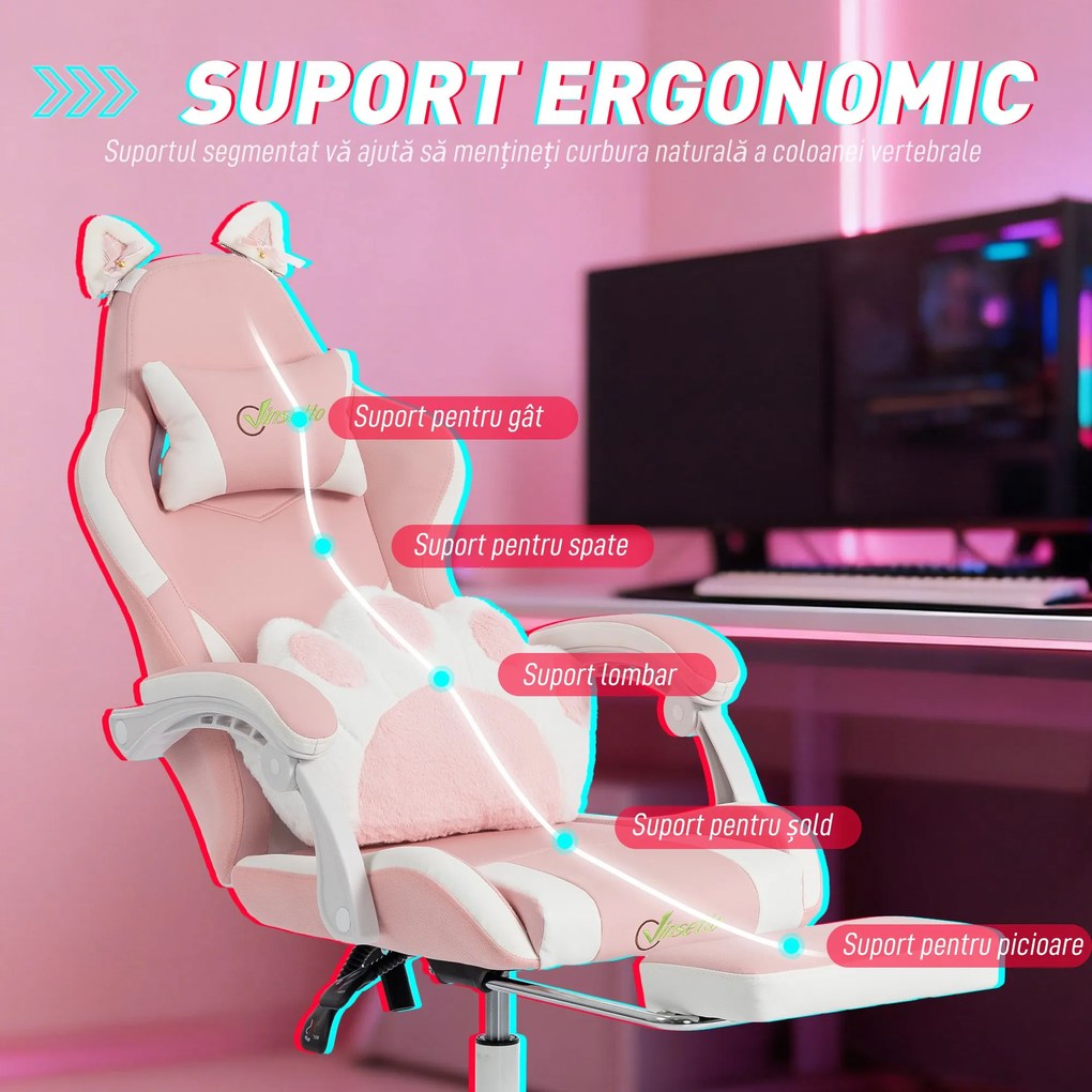 Vinsetto Scaun Gaming Ergonomic cu Urechi de Pisică, Fotoliu Gaming Birou Reclinabil din Piele Eco cu Suport pentru Picioare, Tetieră și Înălțime Reglabilă, Suport Lombar și Cervical, Roz | Aosom Romania