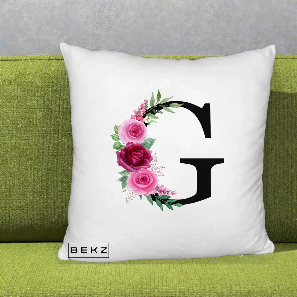 Cadou Personalizat - Perna Personalizata Monograma Florala Litera G, 40x40 cm, Alb Pufos, Husa Detasabila, Perna Inclusa, BEKZ®