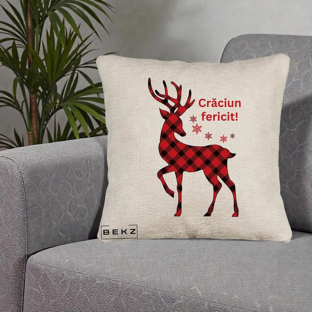 Perna Decorativa Ren Tartan Craciun Fericit, 40x40 cm, Bej Canapea, Husa Detasabila, Perna Inclusa, BEKZ®
