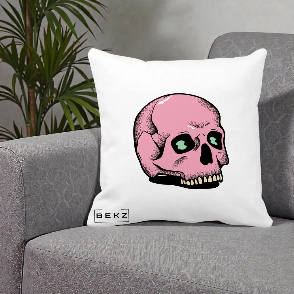 Perna Decorativa Craniu Roz Tatoo Art Halloween, 40x40 cm, Alba Mata, Husa Detasabila, Perna Inclusa, BEKZ®
