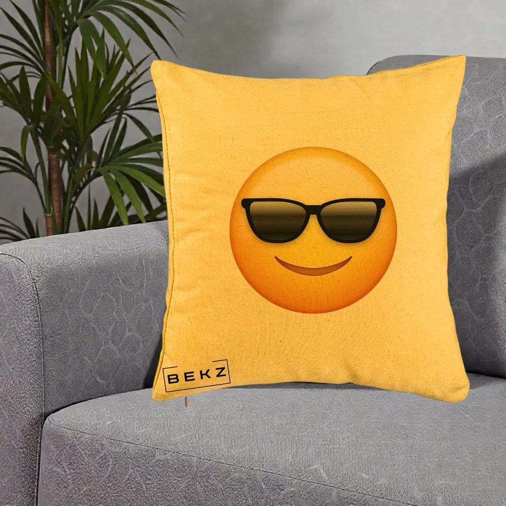 Perna Decorativa Emoji Cool Ochelari, 40x40 cm, Galben, Husa Detasabila, Perna Inclusa, BEKZ®