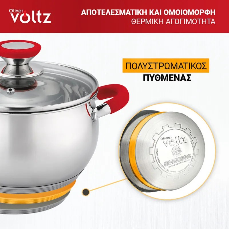 Oala Oliver Voltz OV51210N20, 20 cm, 3,5 l, Inductie, Manere silicon rosii, Inox/Roşu