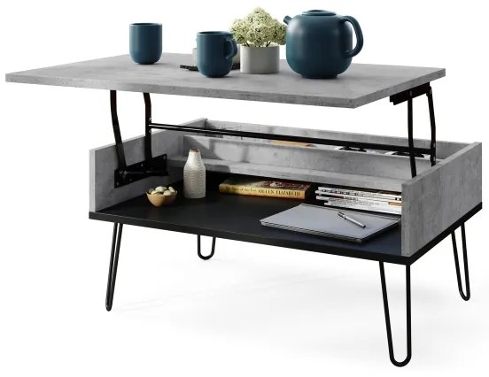 Masă de cafea HALIJA cu mecanism de ridicare a blatului și poliță, gri beton/negru