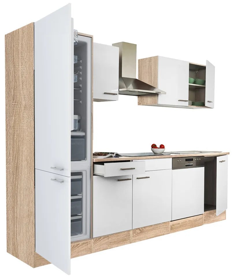 Mobilă de bucătărie Yorki 280, corp din stejar sonoma, față alb satinat, frigider cu congelator în partea de jos