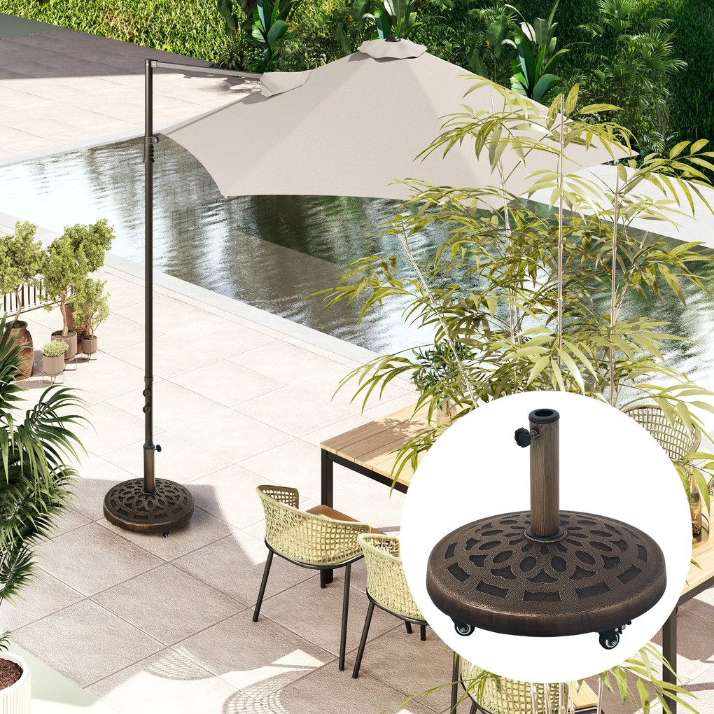 Outsunny Bază Rotundă pentru Umbrelă de Terasă cu Roți, Bază din Rășină de 21 kg, Suport Robust pentru Stâlpi de 3,3/3,8/4,8 cm pentru Exterior, Grădină, Marginea Piscinei, Bronz | Aosom Romania