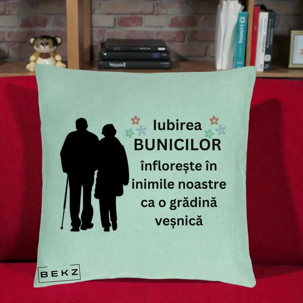 Cadou pentru Bunici - Perna Personalizata Bunicii Iubirea Infloreste Silueta Neagra Flori, 40x40 cm, Verde Menta, Husa Detasabila, Perna Inclusa, BEKZ®