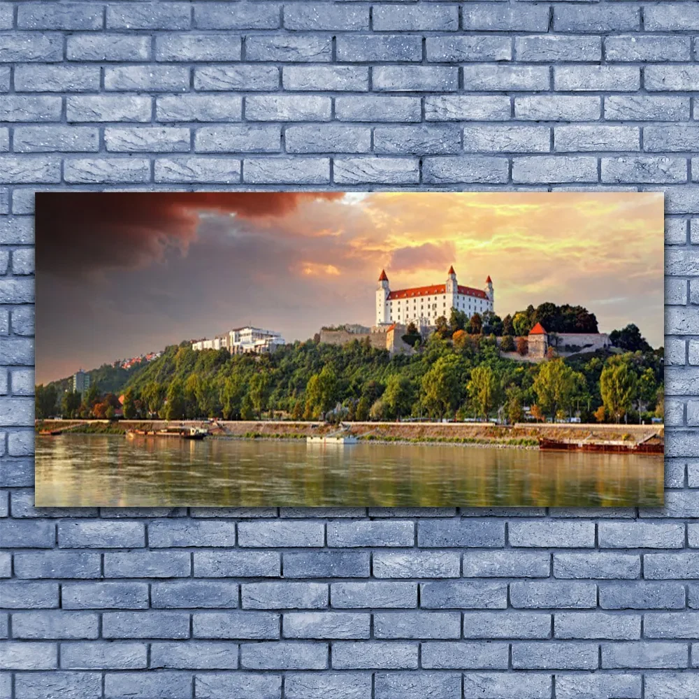Tablou pe panza canvas City Lake Peisaj Alb Brun Verde