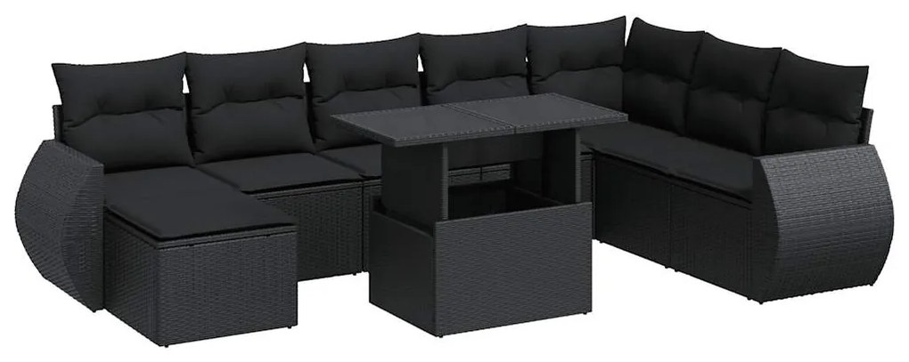 3326686 vidaXL Set mobilier de grădină cu perne, 9 piese, negru, poliratan