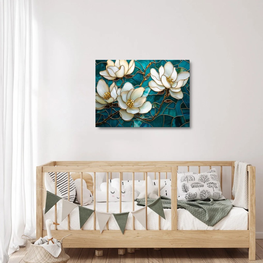 Tablou pe sticlă - Vitraliu cu magnolie (70x50 cm)