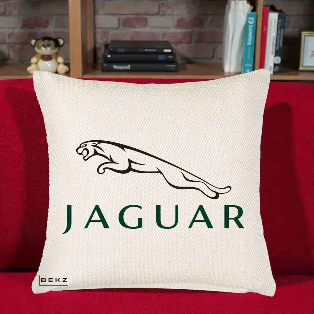 Perna Personalizata cu emblema Jaguar, 40x40 cm, Crem Reliefat, Husa Detasabila, Perna Inclusa, BEKZ®