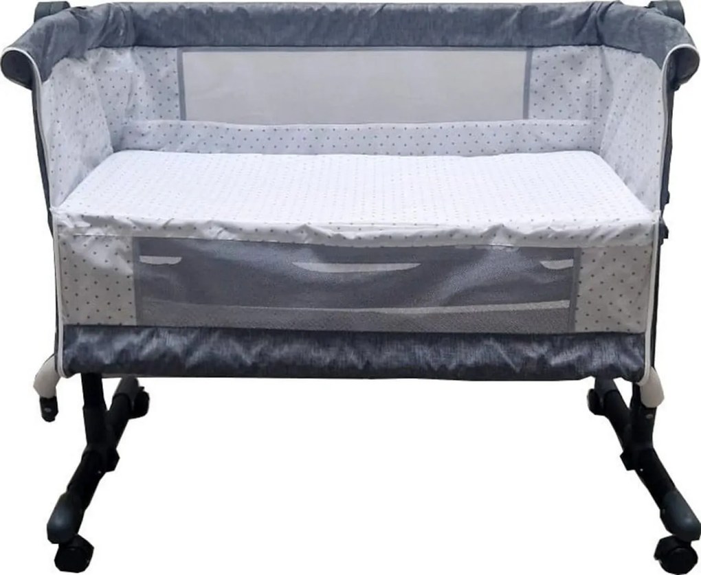 Patut copii transformabil in balansoar bebe Baby Care™ Co-Sleeper, Cu plasa insecte si cosulet depozitare, Design modern, 4 roti cu frana, Dimensiuni