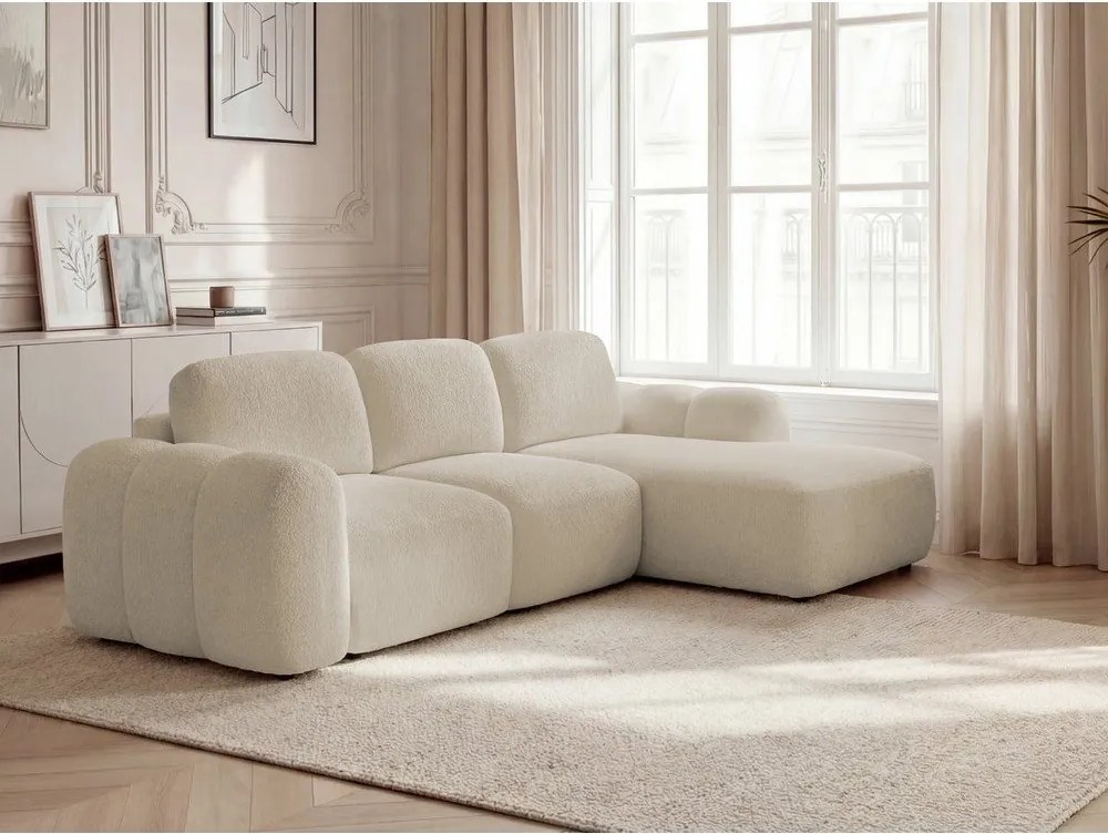 Colțar bej extensibil/cu spațiu de depozitare cu tapițerie din țesătură bouclé (cu colț pe partea dreaptă/cu șezlong) Montaigne – Bobochic Paris