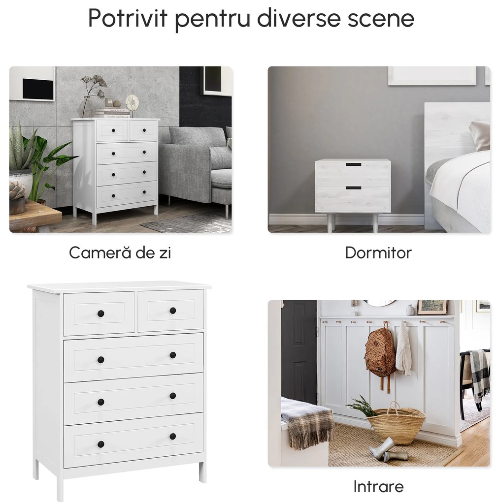 HOMCOM Comoda cu Sertare, Unitate de Organizare si Depozitare cu 5 Sertare, cu Manere, pentru Dormitor, Camera de Zi, Alb
