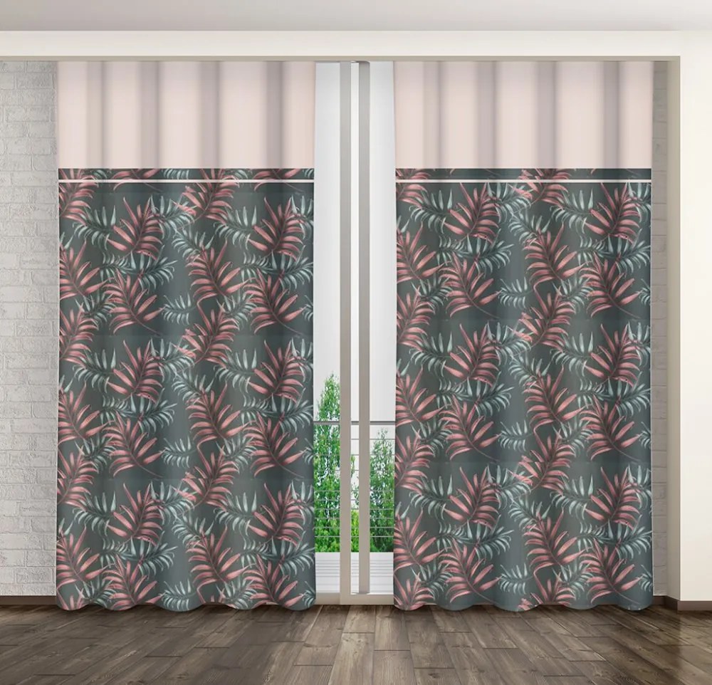 Draperie roz pudră cu motiv de frunze, pe clești Lungime: 250 cm