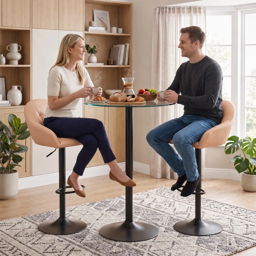 HOMCOM Set 2 Scaune de Bar din Piele Ecologică cu Spătar, Brațe și Înălțime Reglabilă, Maro | Aosom Romania