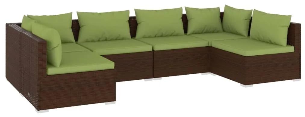 Set mobilier de gradina cu perne, 6 piese, maro, poliratan maro si verde, 2x colt + 4x mijloc, 1