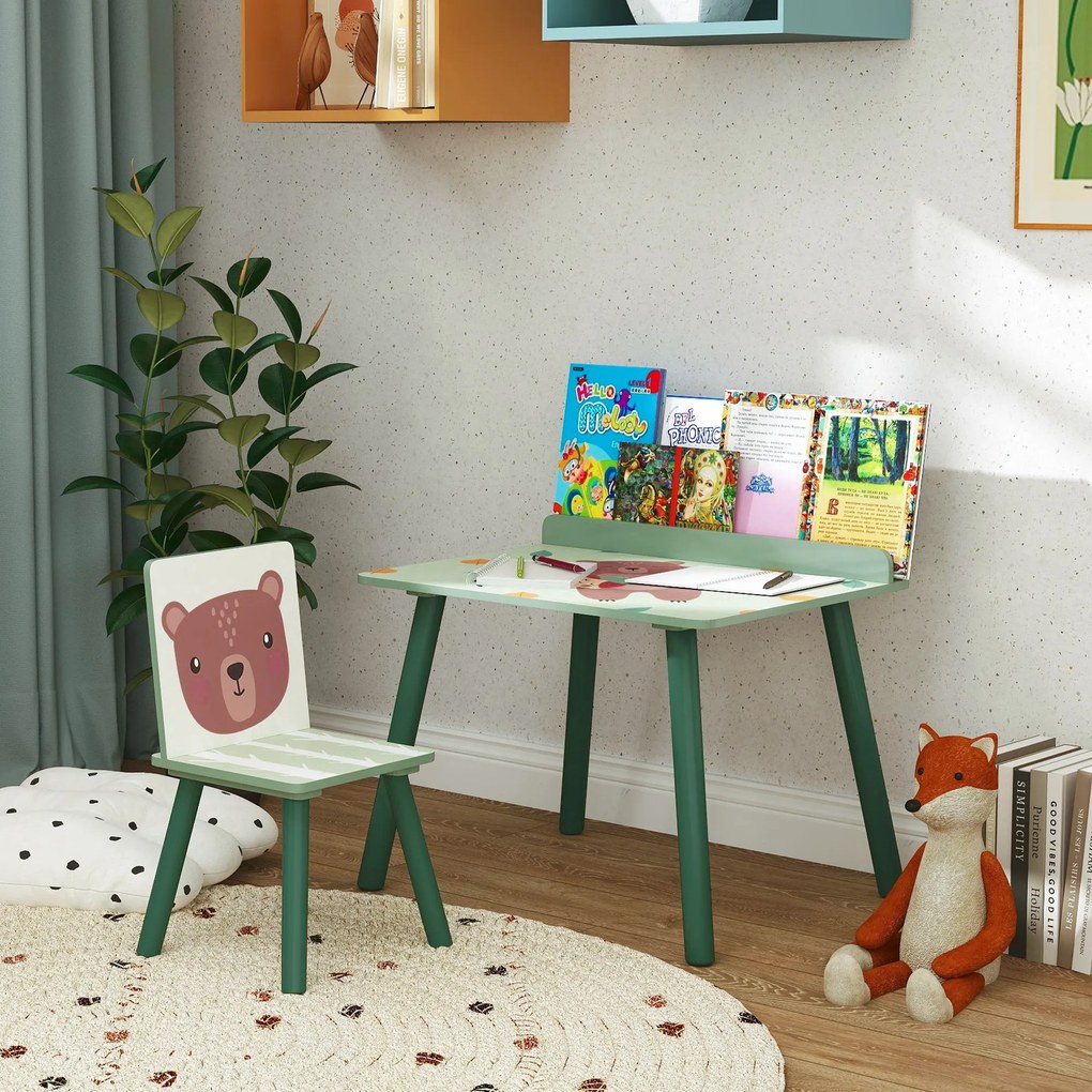 AIYAPLAY Birou Copii cu Raft pentru Depozitare din MDF și Lemn de Pin, cu Masă și Scaun, 60x48x53.5 cm, Verde | Aosom Romania