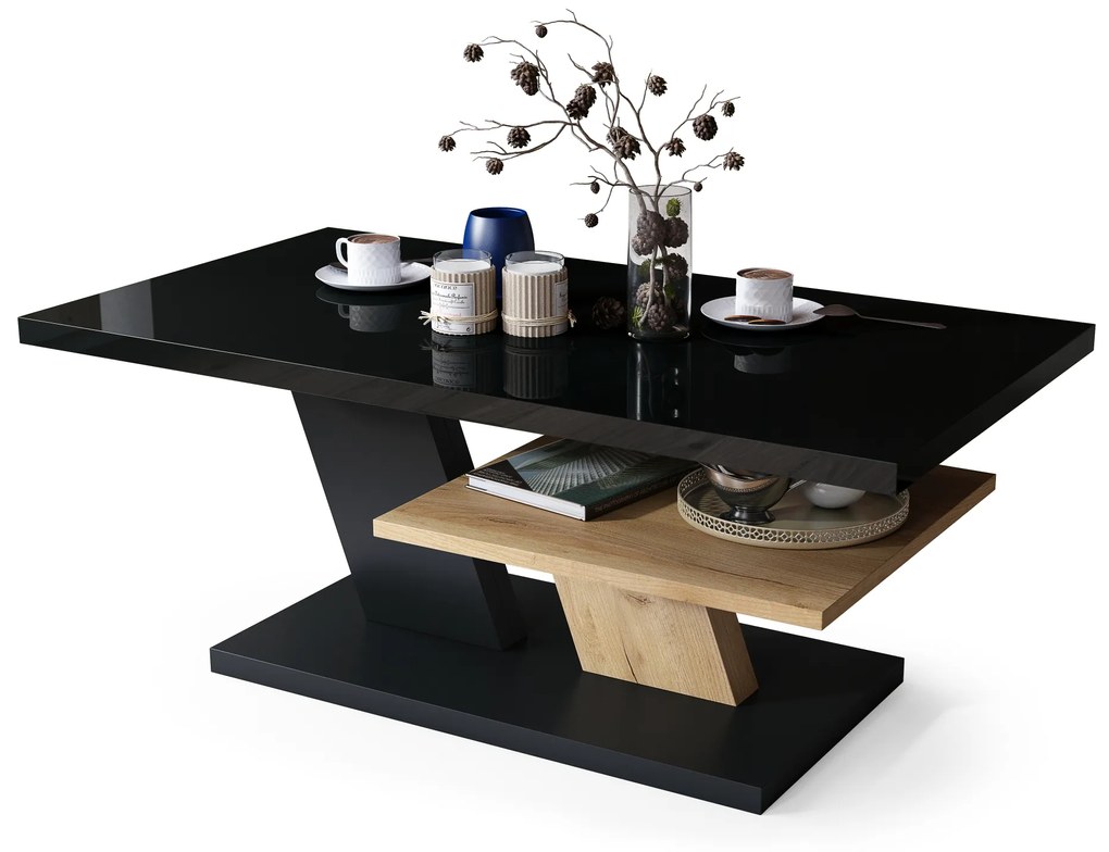 Mazzoni CLIFF Negru Luciu/Stejar Craft Auriu - MĂSUȚĂ DE CAFEA MODERNĂ