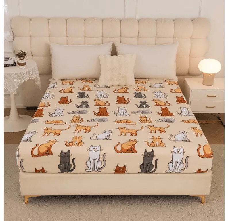 Cearsaf Cocolino microplus cu elastic COLORED CATS 90x200 cm crem