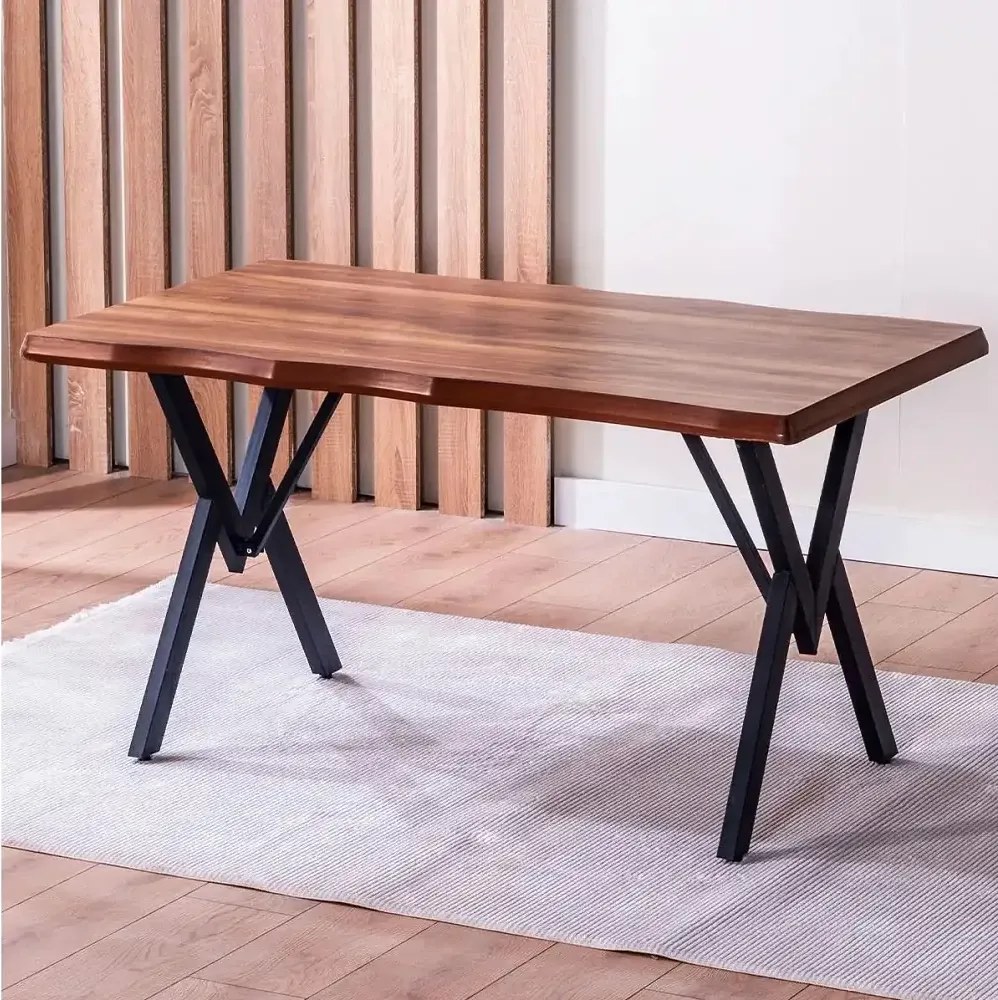 Set Masa de bucatarie Barton din MDF cu 4 Scaune din metal, nuc si bej, 140 cm