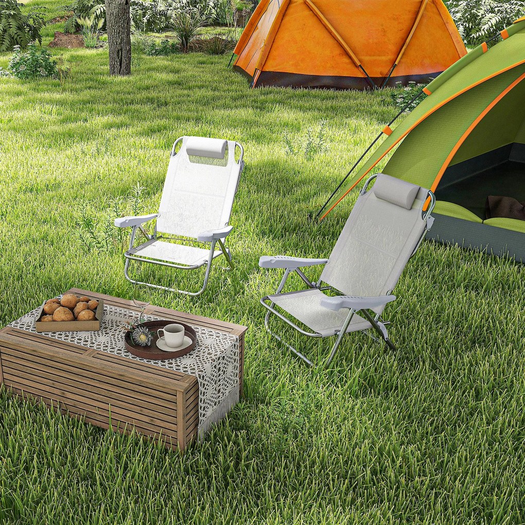 Outsunny Set 2 Scaune de Camping Pliabile cu Tetieră Căptușită și Spătar Reglabil în 6 Poziții, 62x65x80 cm, Gri Deschis | Aosom Romania