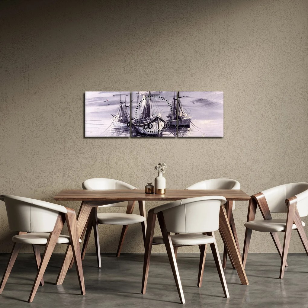 Tablou - Port marin, pictură în ulei (cu ceas) (90x30 cm)