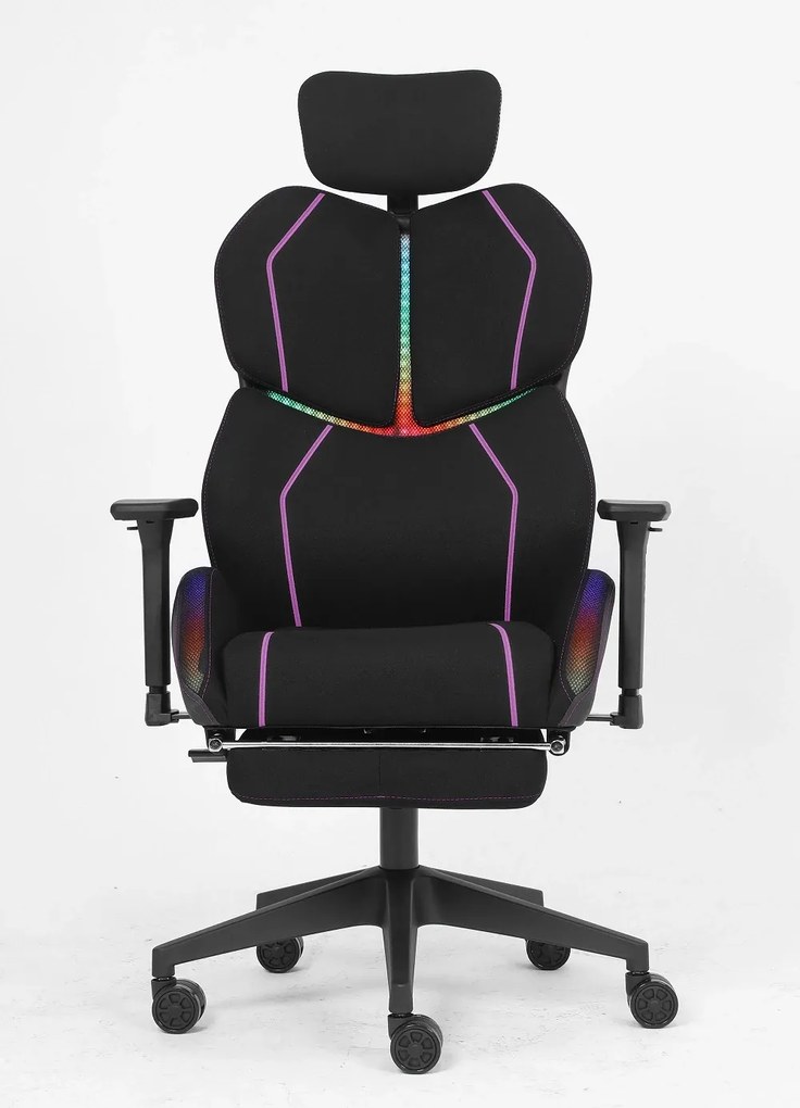 LUMINA X-Motion Pro –Scaun Gaming & Office Premium cu LED RGB, Masaj Lombar, Translatie Sezut și Suport pentru Picioare – Confort Inteligent și Design Spectaculos, Textil, Negru/Mov