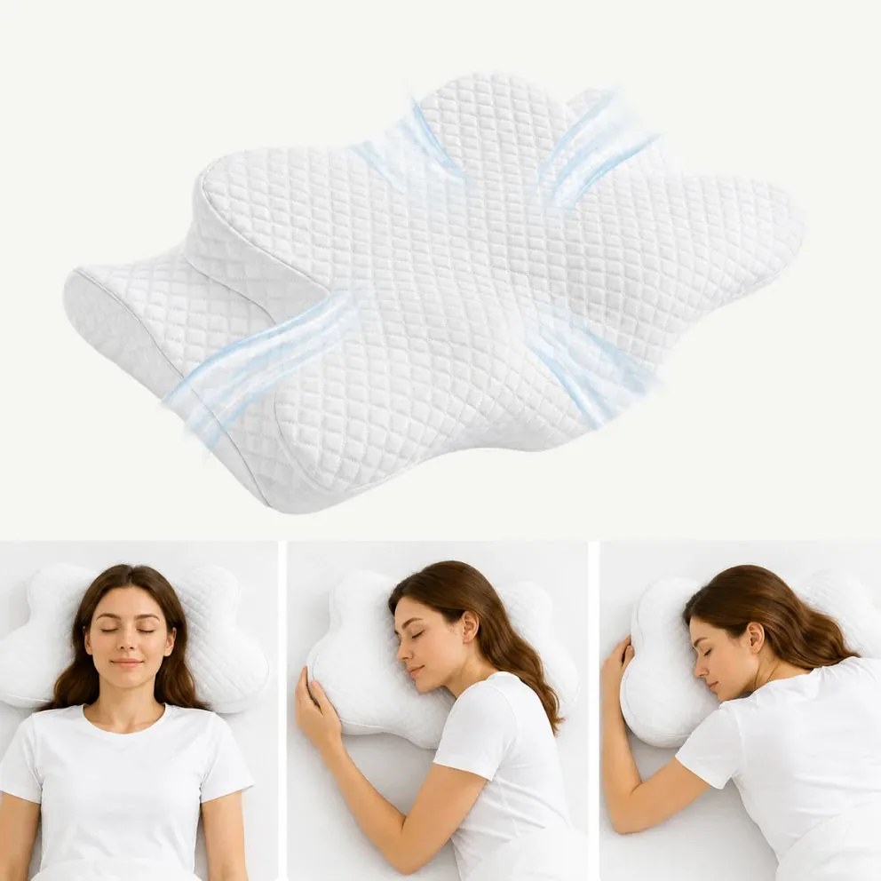 Perna cervicala ortopedica CERVI-SAN Memory Plus, doua inaltimi si suport brate, husa Tencel