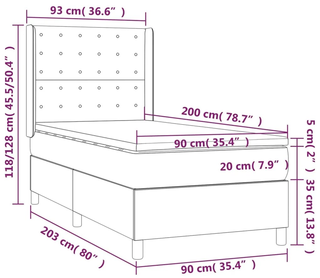 Pat box spring cu saltea, gri inchis, 90x200 cm, catifea Morke gra, 90 x 200 cm, Nasturi de tapiterie