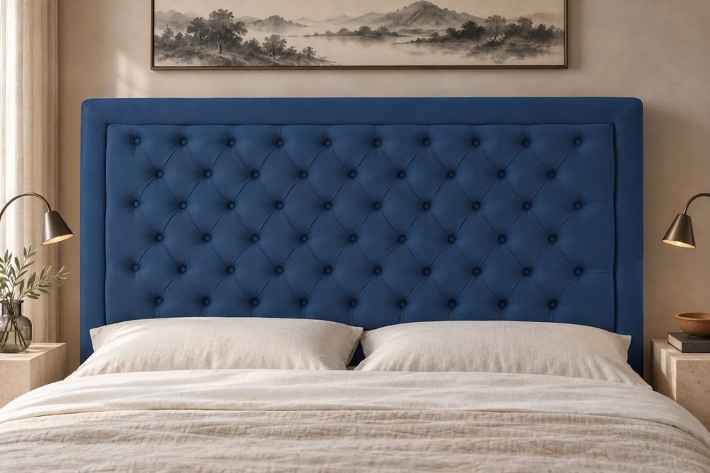Pat tapițat Chesterfield din catifea Ophelia Deluxe 200×200 cm, albastru, cu ladă de depozitare