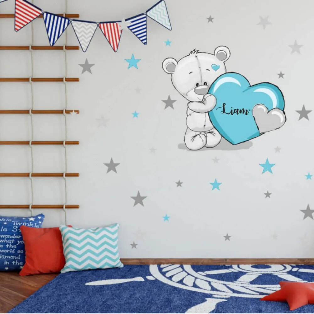 INSPIO Autocolante pentru perete pentru copii, ursuleț albastru cu stele și nume
