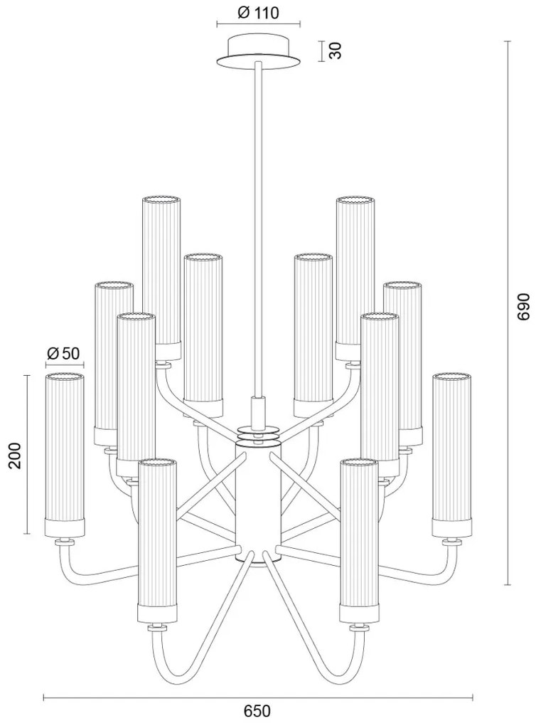 Candelabru 12 brate, alama periata, sticla canelata PRESTON 5086