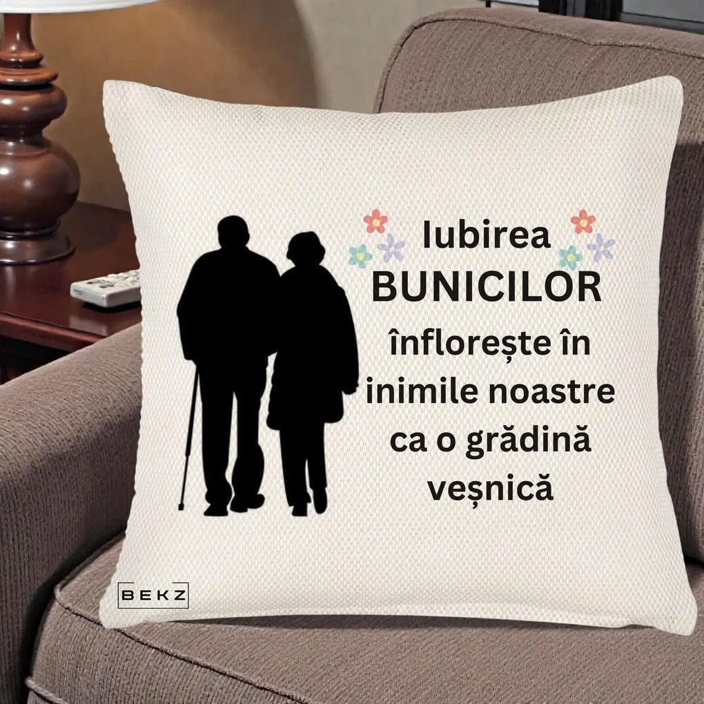 Cadou pentru Bunici - Perna Personalizata Bunicii Iubirea Infloreste Silueta Neagra Flori, 40x40 cm, Crem Reliefat, Husa Detasabila, Perna Inclusa, BEKZ®