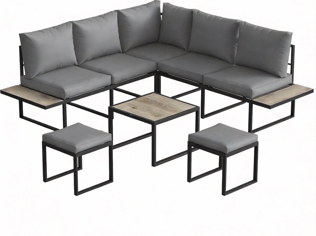 Outsunny Set mobilier grădină exterior 6 persoane modulabil masă de cafea și blaturi laterale din lemn PSPC perne groase 10cm gri | Aosom Romania