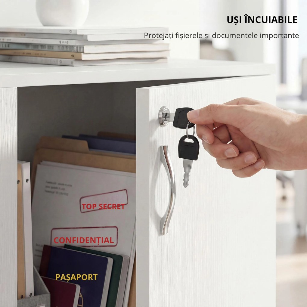 HOMCOM Mobilier de birou multifunctional cu Incuietoare, Dulapior pentru documente cu 2 usi si Raft interior, din Lemn, Alb, 80x40x80cm