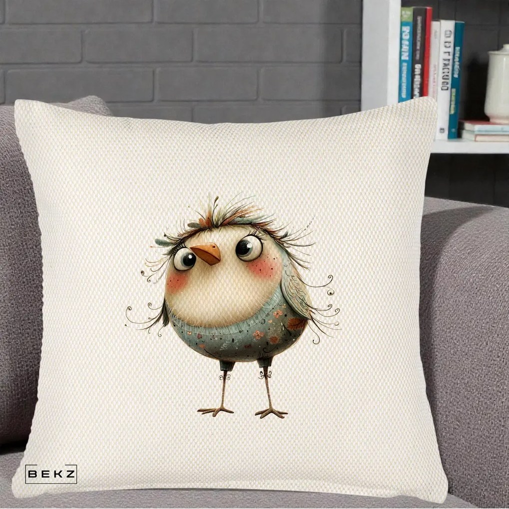 Perna Decorativa Pasare cu Penaj Zbarlit si Gene, 40x40 cm, Crem Reliefat, Husa Detasabila, Perna Inclusa, BEKZ®