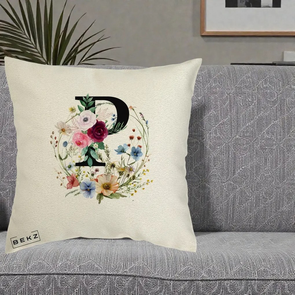 Cadou Personalizat - Perna Personalizata Monogram Litera P cu Flori Acuarela, 40x40 cm, Ecru, Husa Detasabila, Perna Inclusa, BEKZ®