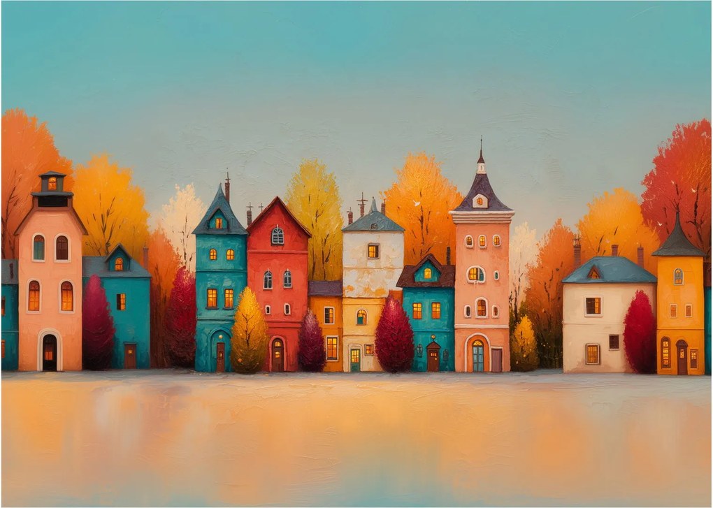 Tablou pe sticlă - Sat de toamnă (70x50 cm)