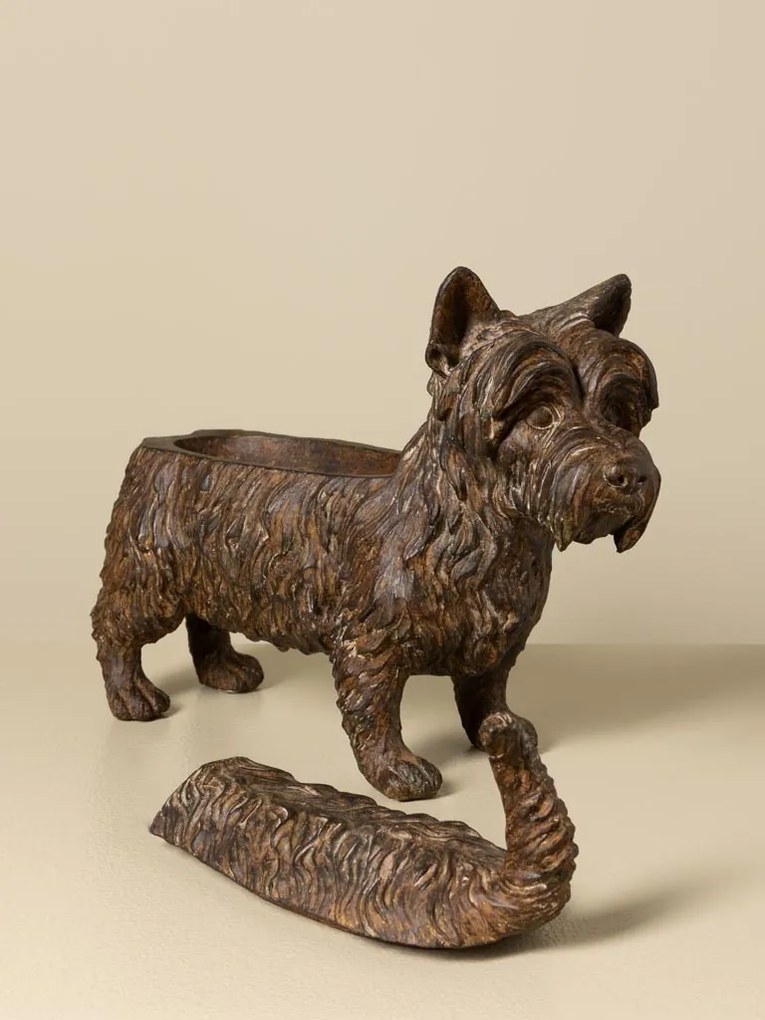 Cutie decorativă din rășină maro în formă de câine Scottish Terrier, capac detașabil, finisaj antichizat, 25 x 33 x 12,5 cm, „Écossais”