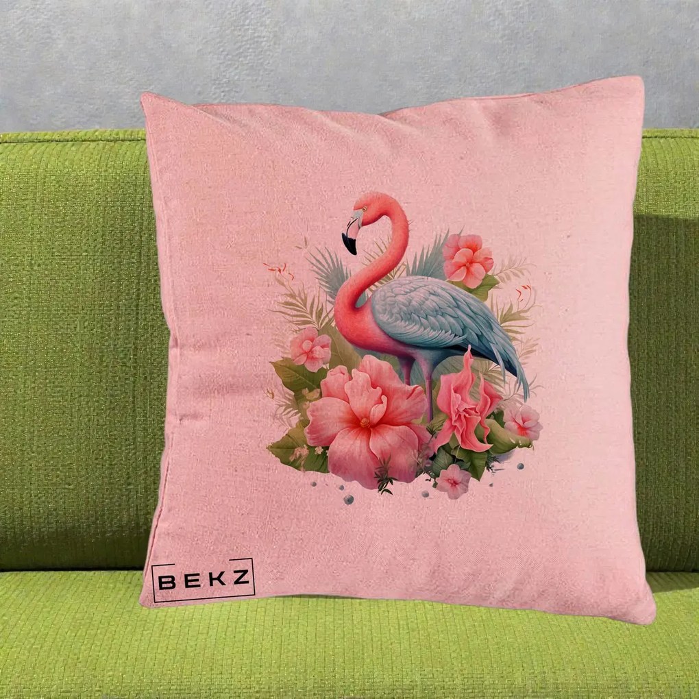 Perna Decorativa Flamingo cu Hibiscus Tropical, 40x40 cm, Roz, Husa Detasabila, Perna Inclusa, BEKZ®