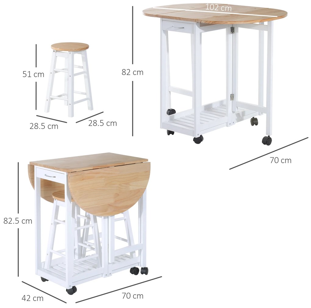 HOMCOM Set Mobilier Bucătărie 3 Piese Masa Pliabilă 2 Scaune de Bar Carucior cu 6 Roti Design Modern Alb și Lemn | Aosom Romania