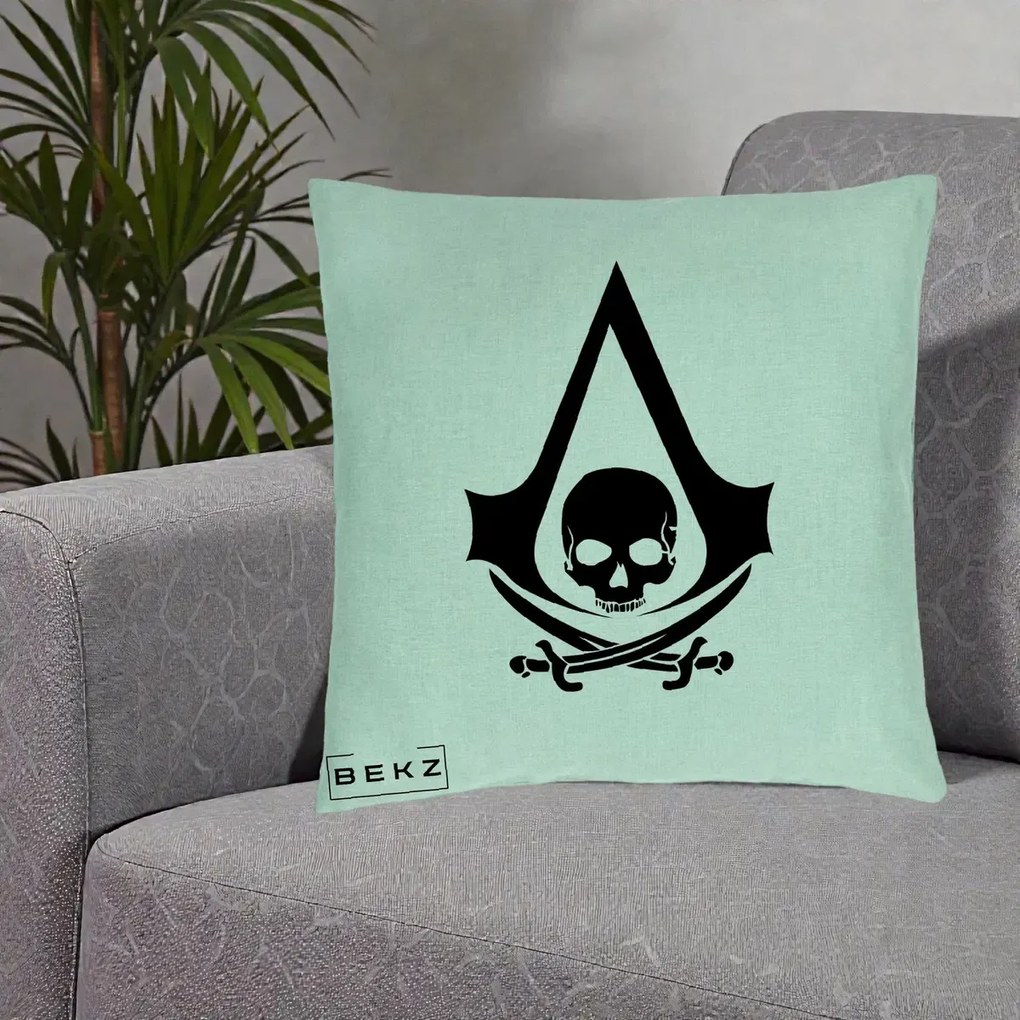 Perna Personalizata Assassin's Creed Black Flag Skull, 40x40 cm, Verde Menta, Husa Detasabila, Perna Inclusa, BEKZ®