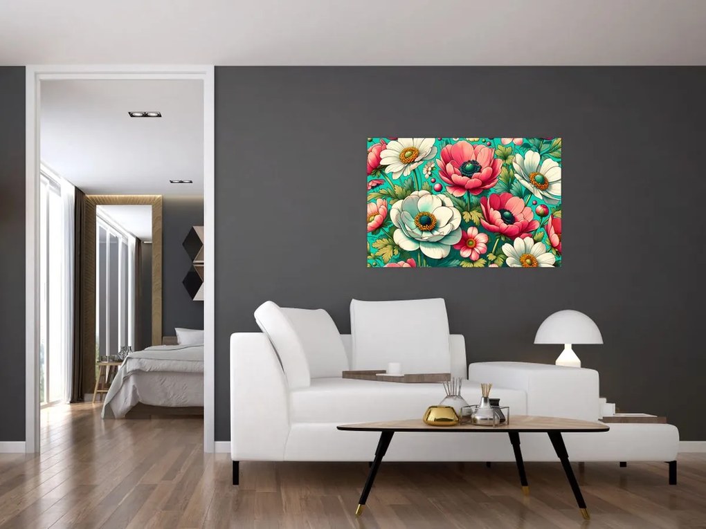 Tablou - Flori pe fundal albastru (90x60 cm)