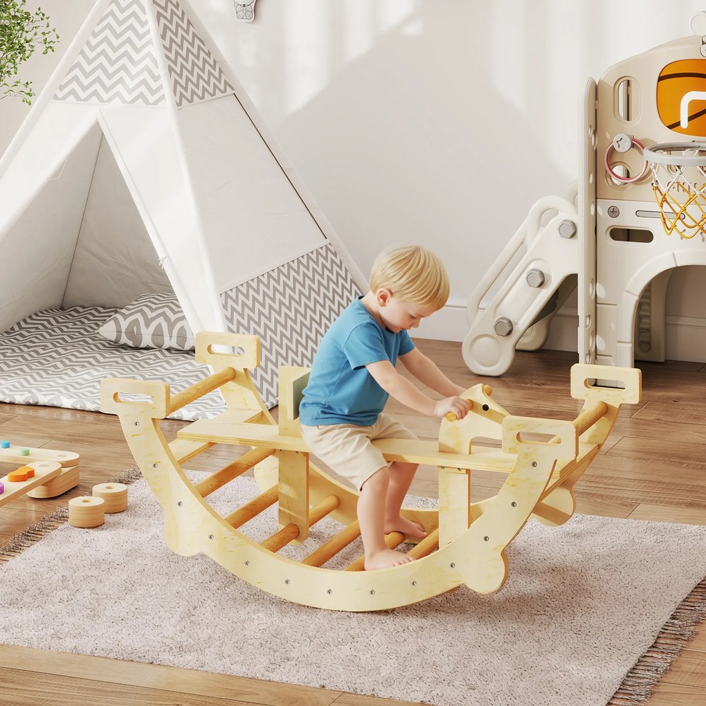 AIYAPLAY Arc Montessori din Lemn pentru Copii 2-4 Ani, Convertibil în Balansoar, Joc de Cățărare, 110x52x45 cm, culoare Lemn | Aosom Romania