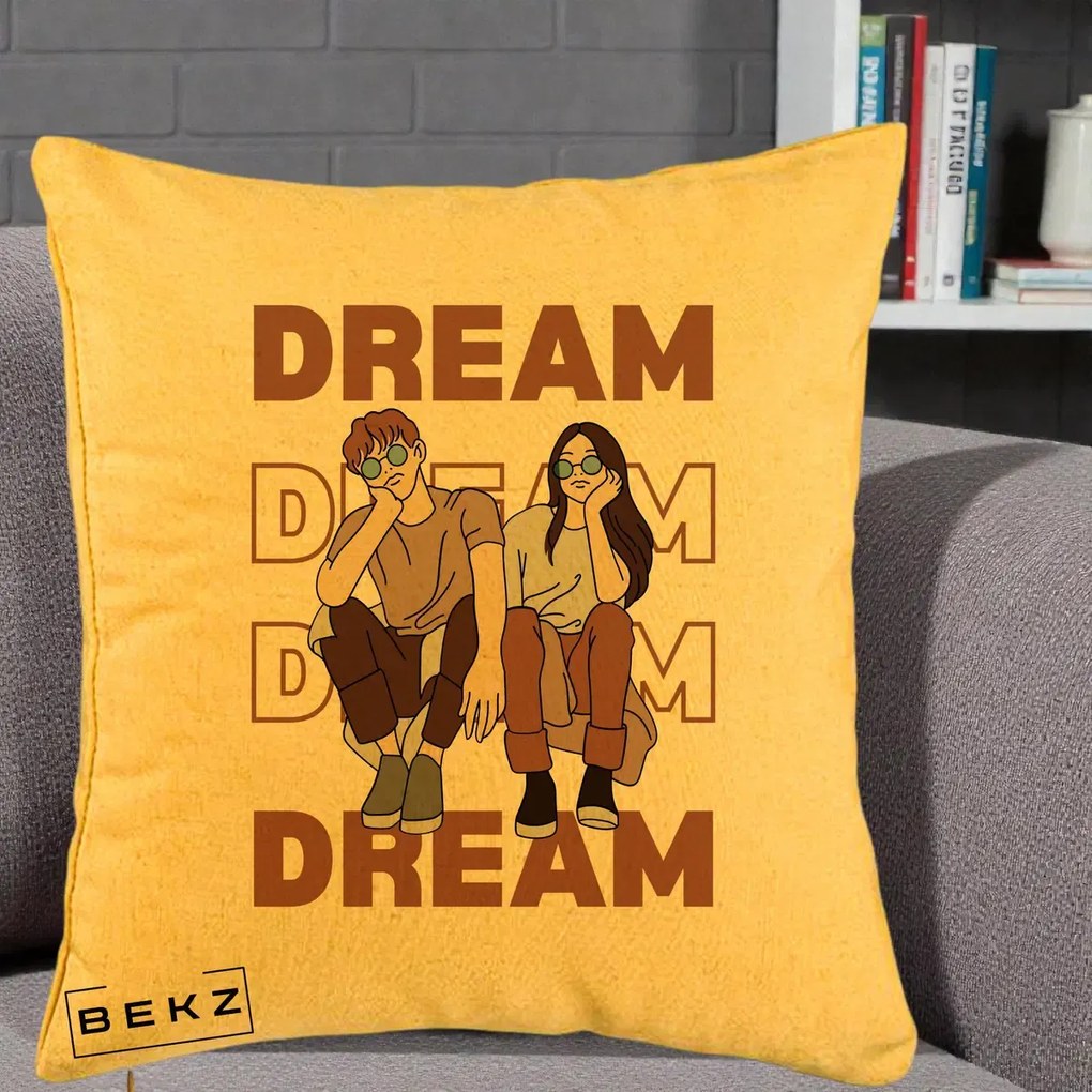 Perna Decorativa Dream Couple Aesthetic, 40x40 cm, Galben, Husa Detasabila, Perna Inclusa, BEKZ®