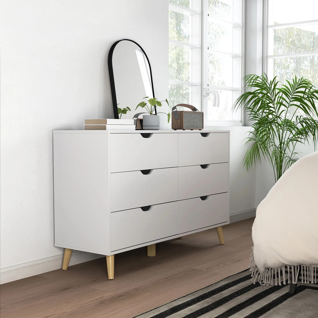 HOMCOM Comodă cu 6 Sertare și Mânere, Comodă din Lemn de Pin și Melamină, 120x40x76 cm, Alb
