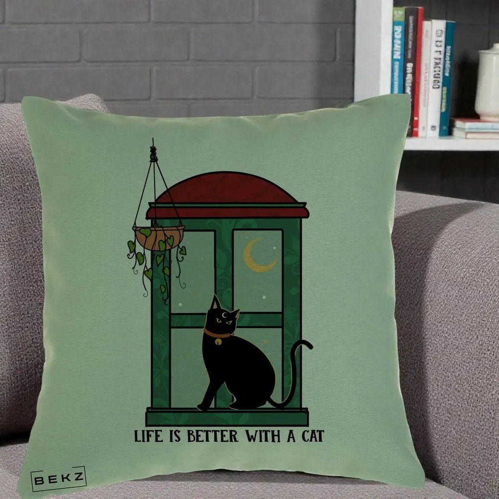 Perna Personalizata Life is Better with a Cat Geam, 40x40 cm, Verde, Husa Detasabila, Perna Inclusa, BEKZ®