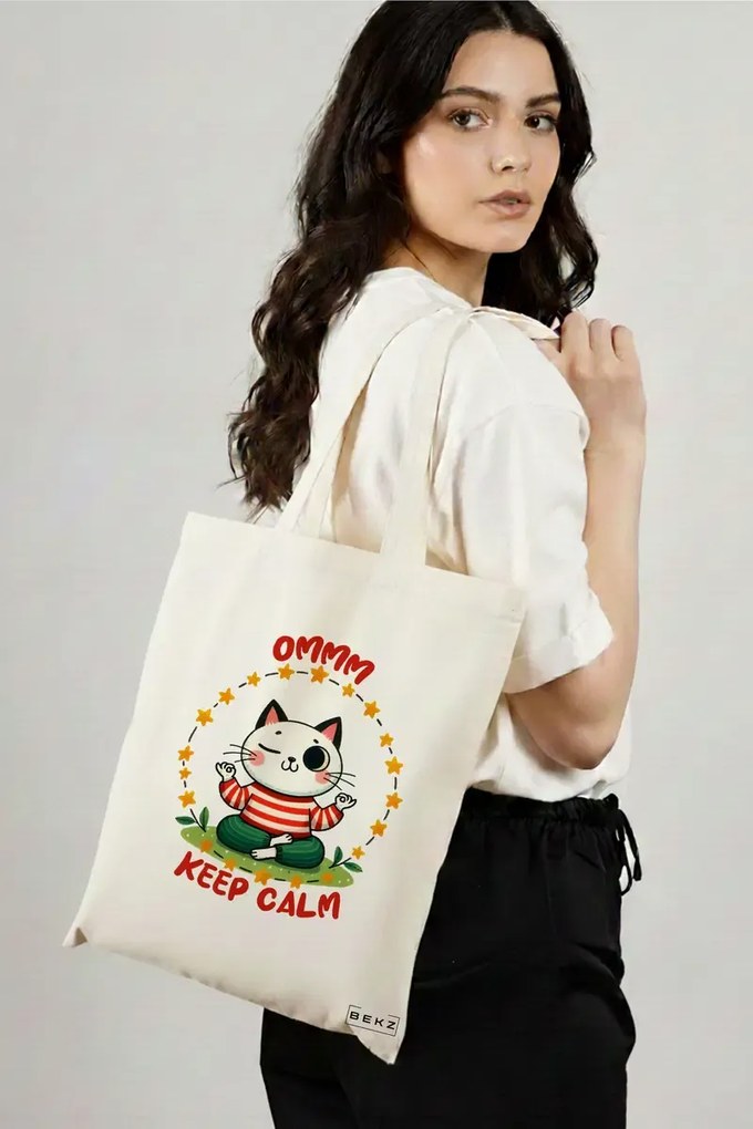 Sacosa de Panza pentru Cumparaturi, Geanta Tote Yoga Ommm Keep Calm, 38x34.5 cm, Alba, BEKZ®